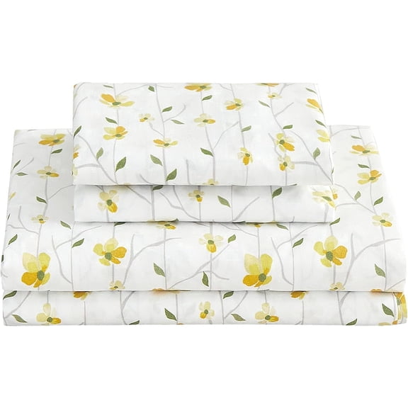 Viviland Yellow Floral Sheets for Queen Size Bed Printed Bed Sheets - 4 Piece Soft Microfiber Patterned Fitted Queen with 15" Deep Pocket