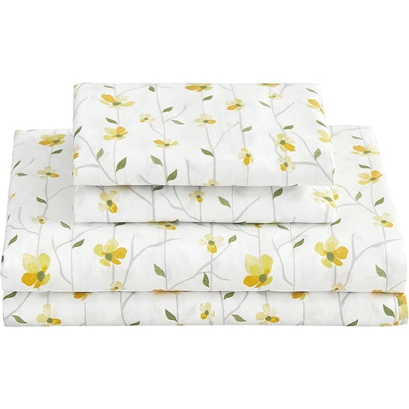 Viviland Yellow Floral Sheets for Queen Size Bed Printed Bed Sheets - 4 Piece Soft Microfiber Patterned Fitted Queen with 15" Deep Pocket
