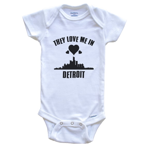 They Love Me in Detroit Michigan Hearts Skyline Baby Bodysuit, 3-6 months white