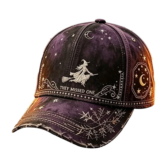 They Missed One Hat Flying Witch Gothic Baseball Cap Moon Stars Print Adjustable Halloween Graphic Cap for Men Women(Purple-23x18cm)