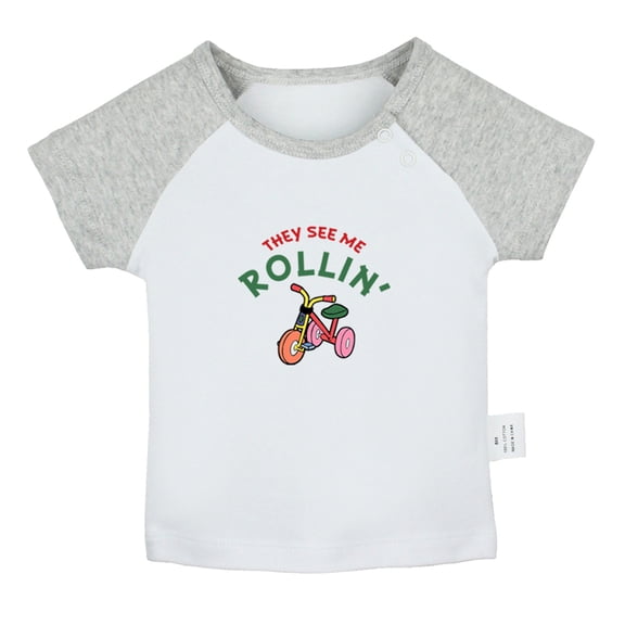 They See Me Rollin' Funny T shirt For Baby, Newborn Babies T-shirts, Infant Tops, 0-24M Kids Graphic Tees Clothing (Short Gray Raglan T-shirt, 6-12 Months)