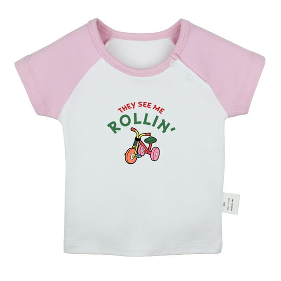 They See Me Rollin' Funny T shirt For Baby, Newborn Babies T-shirts, Infant Tops, 0-24M Kids Graphic Tees Clothing (Short Pink Raglan T-shirt, 18-24 Months)