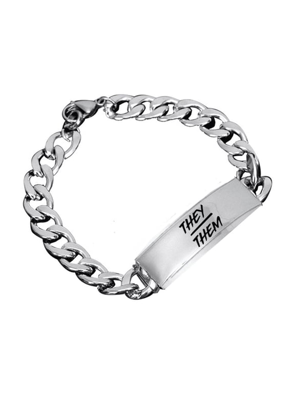 They Them Pronoun Jewelry - Stainless Steel Curb Bracelet Chain Lgbt Nb Pride Braceket Non-Binary Genderqueer Gender Identity Jewellery, 8.66''