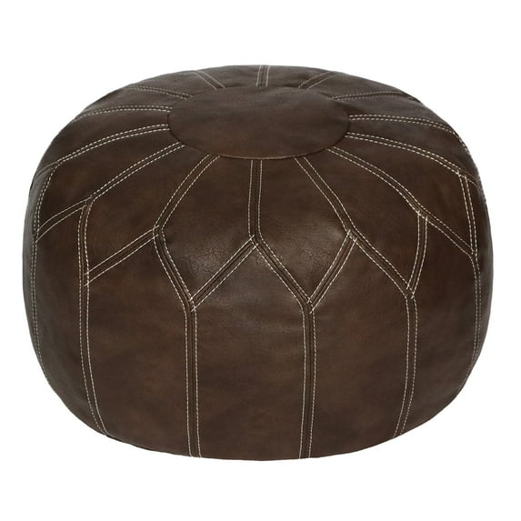 Thgonwid Indoor Vegan Leather Round Pouf, Coffee, Leather Texture, Folower Morrocan Style