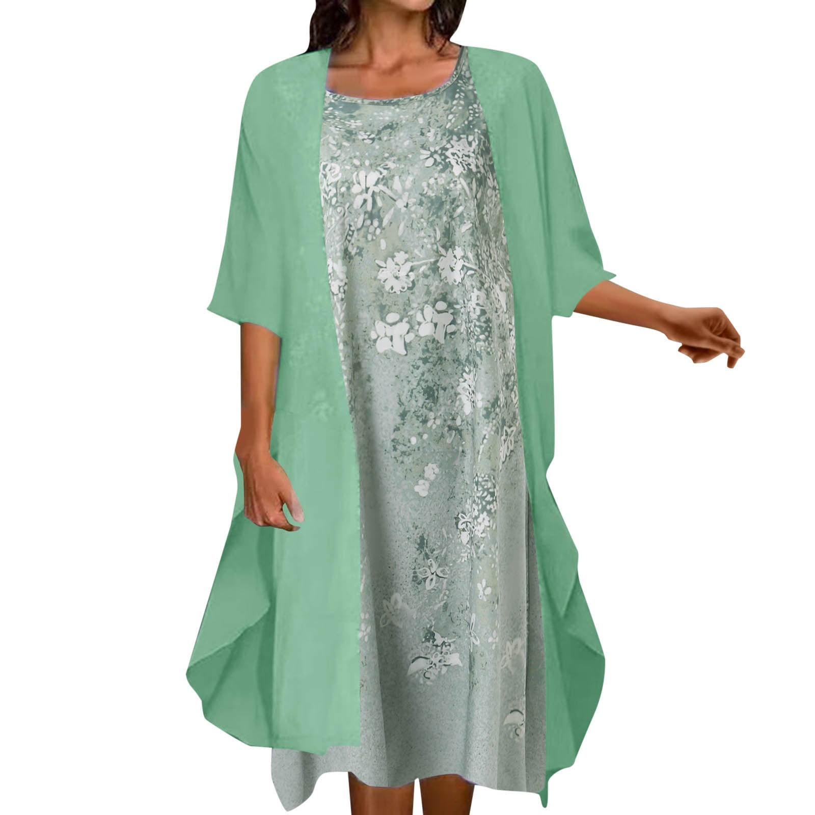 Thhvdrg Summer Dresses for Women Two Piece Set Wedding Guest Dress with Chiffon Cardigan Plus