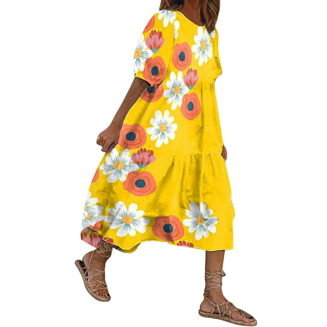 Thhvdrg Womens Summer Dresses Boho Floral Print Bubble Sleeve Midi Long ...
