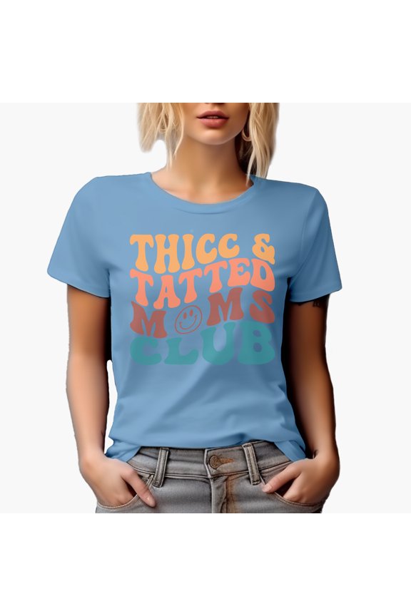 Thicc and Tatted Moms Club, Group Name for Tattooed Mothers Quote, Groovy Retro Wavy Text Merch Gift, Baby Blue T-Shirt, XL
