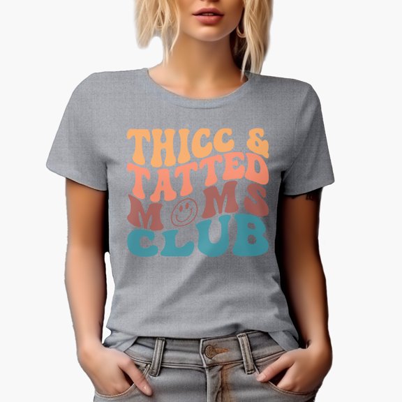 Thicc and Tatted Moms Club, Group Name for Tattooed Mothers Quote, Groovy Retro Wavy Text Merch Gift, Heather Grey T-Shirt, XL