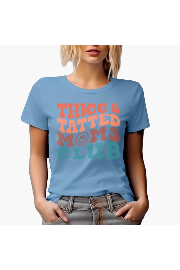 Thicc and Tatted Moms Club Quote, Groovy Retro Wavy Text Merch Gift, Baby Blue T-Shirt, XL
