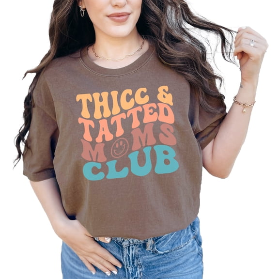 Thicc and Tatted Moms Club, Tattooed Mothers Quote, Groovy Retro Wavy Text, Espresso Comfort Colors T-Shirt, 3XL