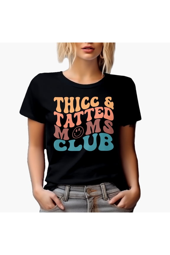 Thicc and Tatted Moms Club, Tattooed Mothers Quote, Groovy Retro Wavy Text Merch Gift, Black T-Shirt, Medium