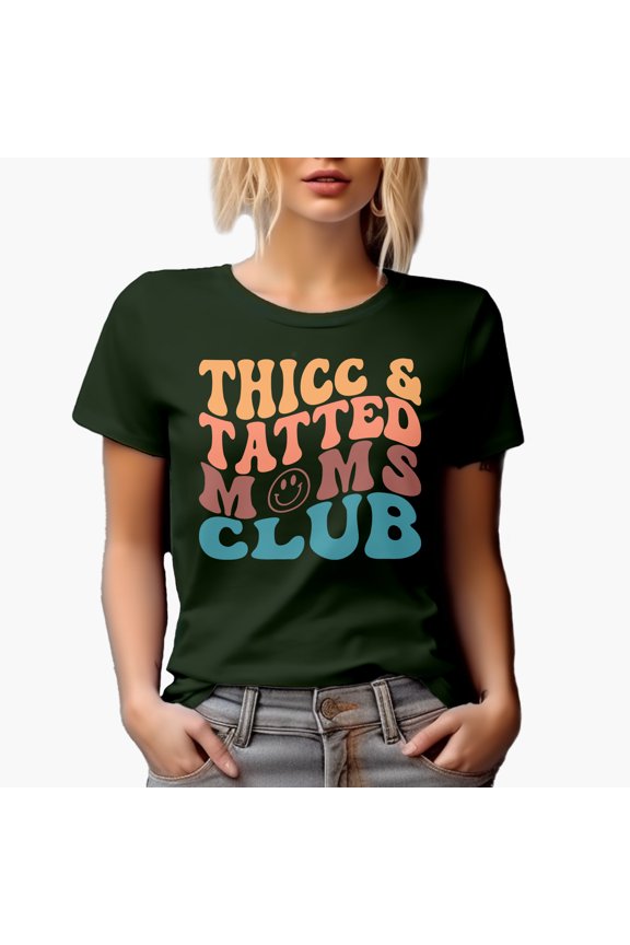 Thicc and Tatted Moms Club, Tattooed Mothers Quote, Groovy Retro Wavy Text Merch Gift, Military Green T-Shirt, Medium