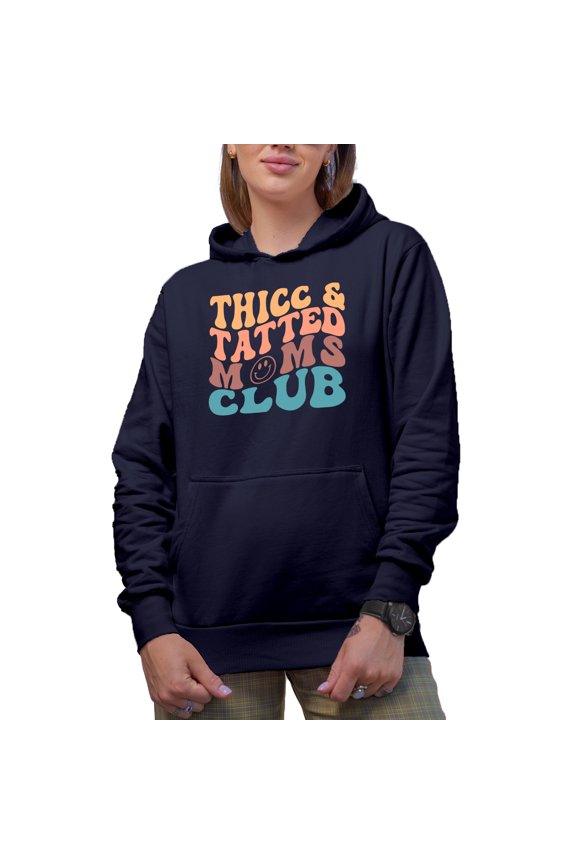 Thicc and Tatted Moms Club, Tattooed Mothers Quote, Groovy Retro Wavy Text Merch Gift, Navy Blue Hooded Sweatshirt or Hoodie, XL