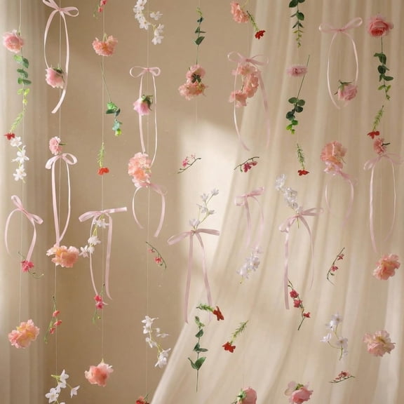 Thiccywoov 6 Pcs Artificial Rose Flowers Hanging Decor Dangling Fake Rose with Ribbon Faux Wildflower Floral Backdrop Flower Floating Decor for Wedding Valentine's Day Birthday Home Garden Wall A101