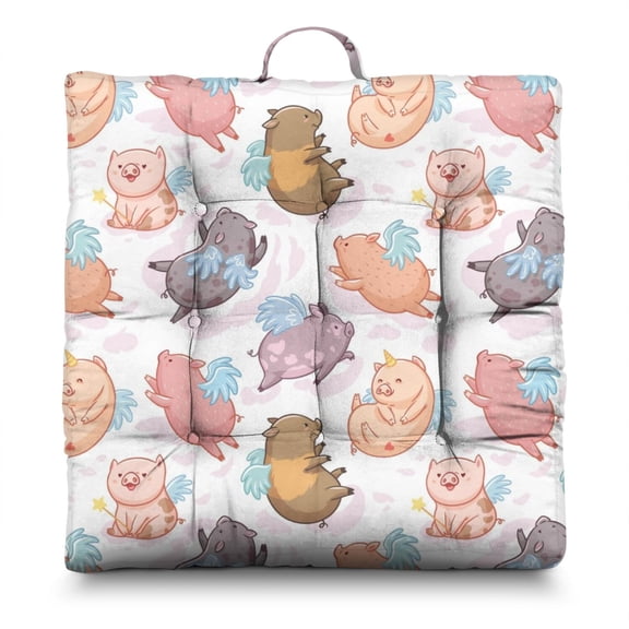 Thick 4.7" Meditation Seat - Fluffy & Resilient Floor Sitting Cushion with Vintage Pig Cartoon Art, Farm Animal Aesthetic, 9-Point Stitched for Stability