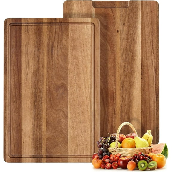 Thick Acacia Wood Cutting Board for Kitchen, Non Toxic Chopping Board with Deep Juice Groove & Side Handles, Reversible Butcher Block for Meat, Vegetables & Cheese, 18x12 in