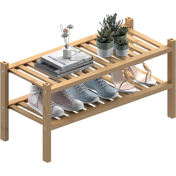 Thick Bamboo 2-Tier Freestanding Shoe Rack Organizer for Entryway ...