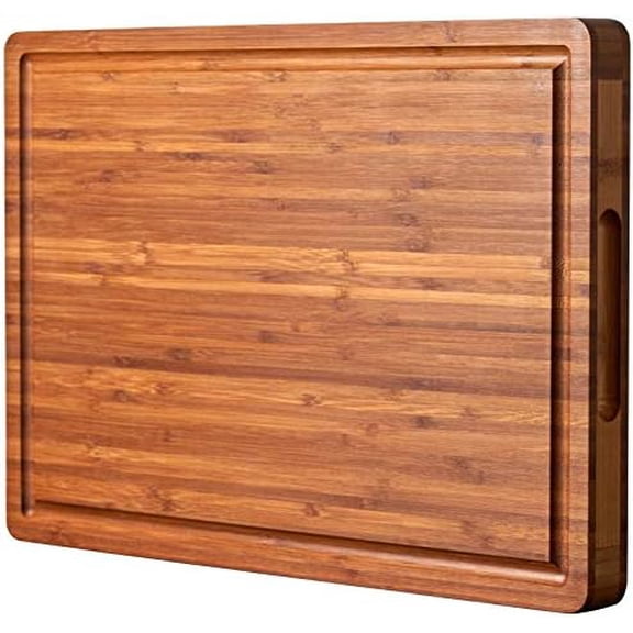 Thick Bamboo Cutting Board with Handles - 16x11" Butcher Block Board with Juice Groove for Kitchen