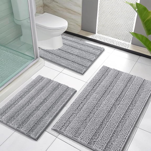 Thick Bathroom Rugs Sets 3 Piece, Absorbent Chenille Striped Bath Mats and U-Shaped Contour Toilet Rug, Home Decor Accessories, Bath Mat Set for Bathroom (30"x20"+24"x16"+24"x20", Light Grey)