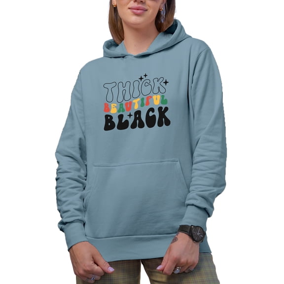 Thick, Beautiful, Black, Retro Groovy Wavy Black History Month Text Art Merch Gift, Light Blue Hooded Sweatshirt or Hoodie, Small