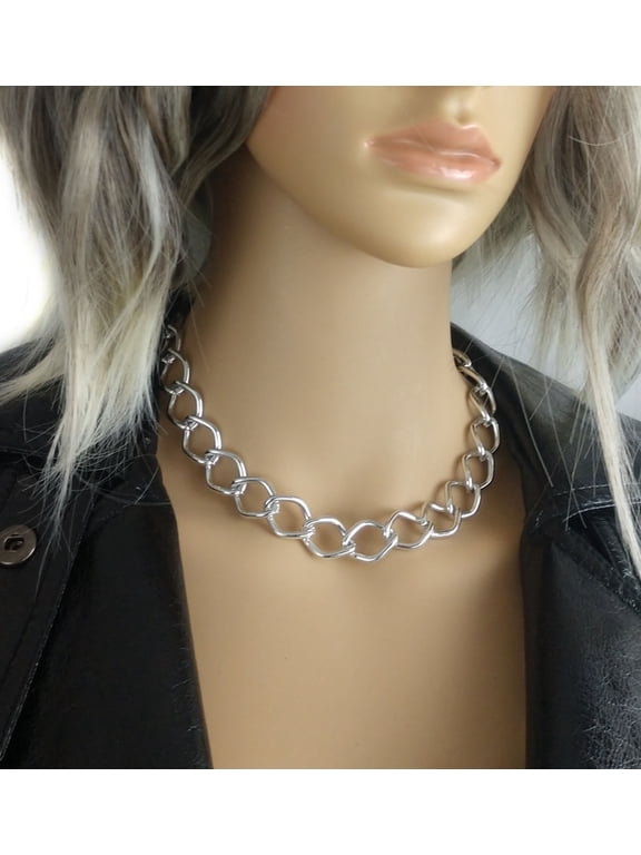 Thick Big Lightweight Curb Chain Punk Collar Necklace 18" Silver Tone Ladies Adult Women