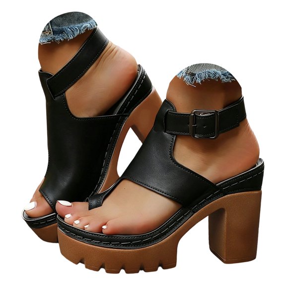Thick Bottom Womens Chunky Heel Sandals Exposed Toe High Heels for Casual Outdoor Wear Wedding Party Bridal Dress Shoes(Black,Size 7.5)