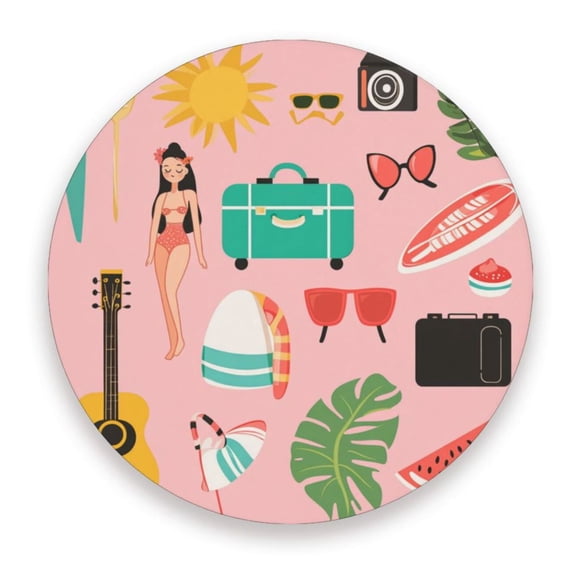 Thick Ceramic & Wood Coasters Set of （1/2/4）- 3.9 Inch Round Bar Coasters with Eco-Friendly Print, Waterproof Stain-Resistant Drink Pads，Cute Summer Elements