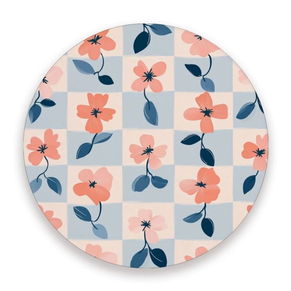 Thick Ceramic & Wood Coasters Set of (1/2/4 )- 3.9 Inch Round Bar Coasters with Eco-Friendly Print, Waterproof Stain-Resistant Drink Pads,Floral Checkered Pattern