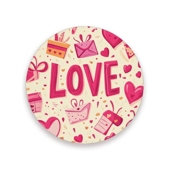 Thick Ceramic & Wood Coasters Set of （1/2/4）- 3.9 Inch Round Bar Coasters with Eco-Friendly Print, Waterproof Stain-Resistant Drink Pads，Pink and Red Valentine