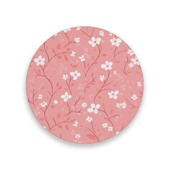 Thick Ceramic & Wood Coasters Set of （1/2/4）- 3.9 Inch Round Bar Coasters with Eco-Friendly Print, Waterproof Stain-Resistant Drink Pads，Small White Flowers