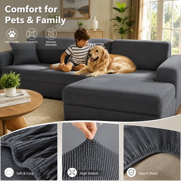 Thick Couch Cover for 3-Seater Sofa Stretch Sectional Slipcover with L-Shape Design, Washable Furniture Protector for Living Room, Pet-Friendly (Dark Gray, 75-91")