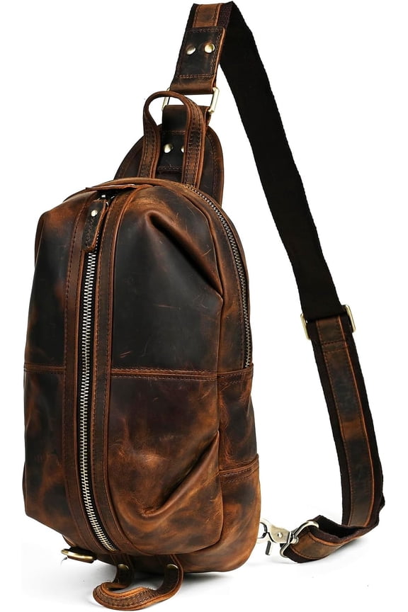 Thick Crazy horse Leather Triangle Crossbody Sling Chest Bag Travel One Bag Daypack For Men Male 3028
