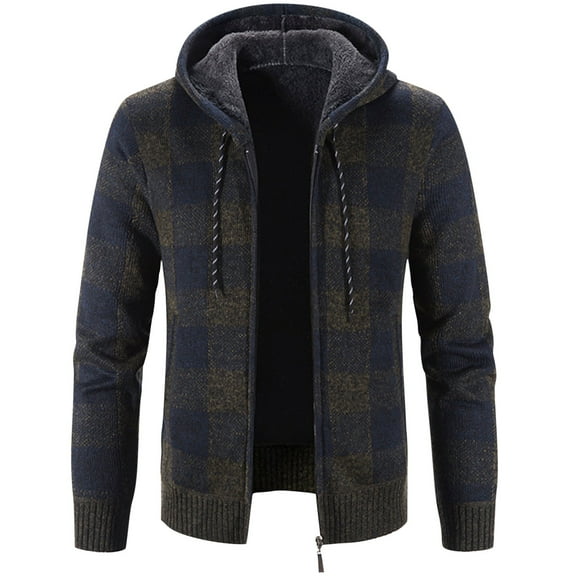 Sweater Shacket for Mens Fall Winter Long Sleeve Lounge Thick Crochet Plaid Thermal Fuzzy Hooded Cable Knit Cardigan Hood Shacket Outerwear Man Zip Up 2025