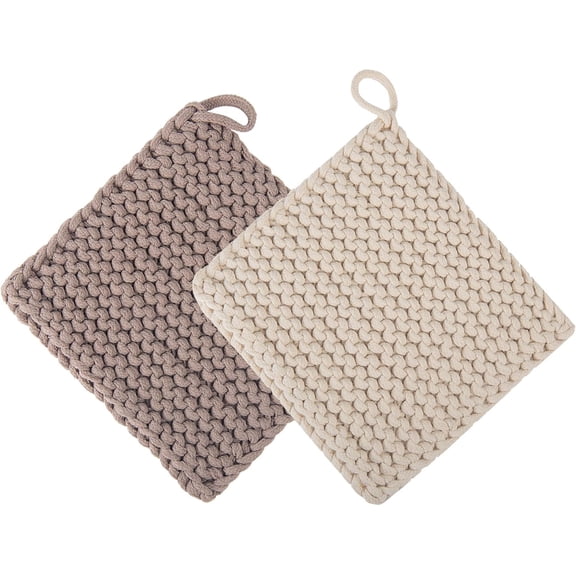 Thick Crocheted Pot Holders, Handmade Hot Pads Crocheted Trivets for Kitchen hot Dishes(2-Pack), 8"x8" (White and Taupe)