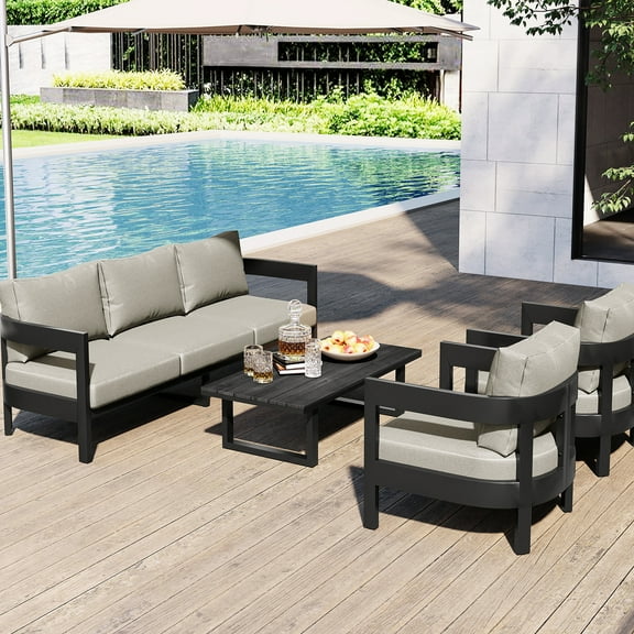 Thick Cushioned Outdoor Furniture - Iron Chairs And Plastic Wood Table For Patios Modern With Cushions & Stylish Lawn Use