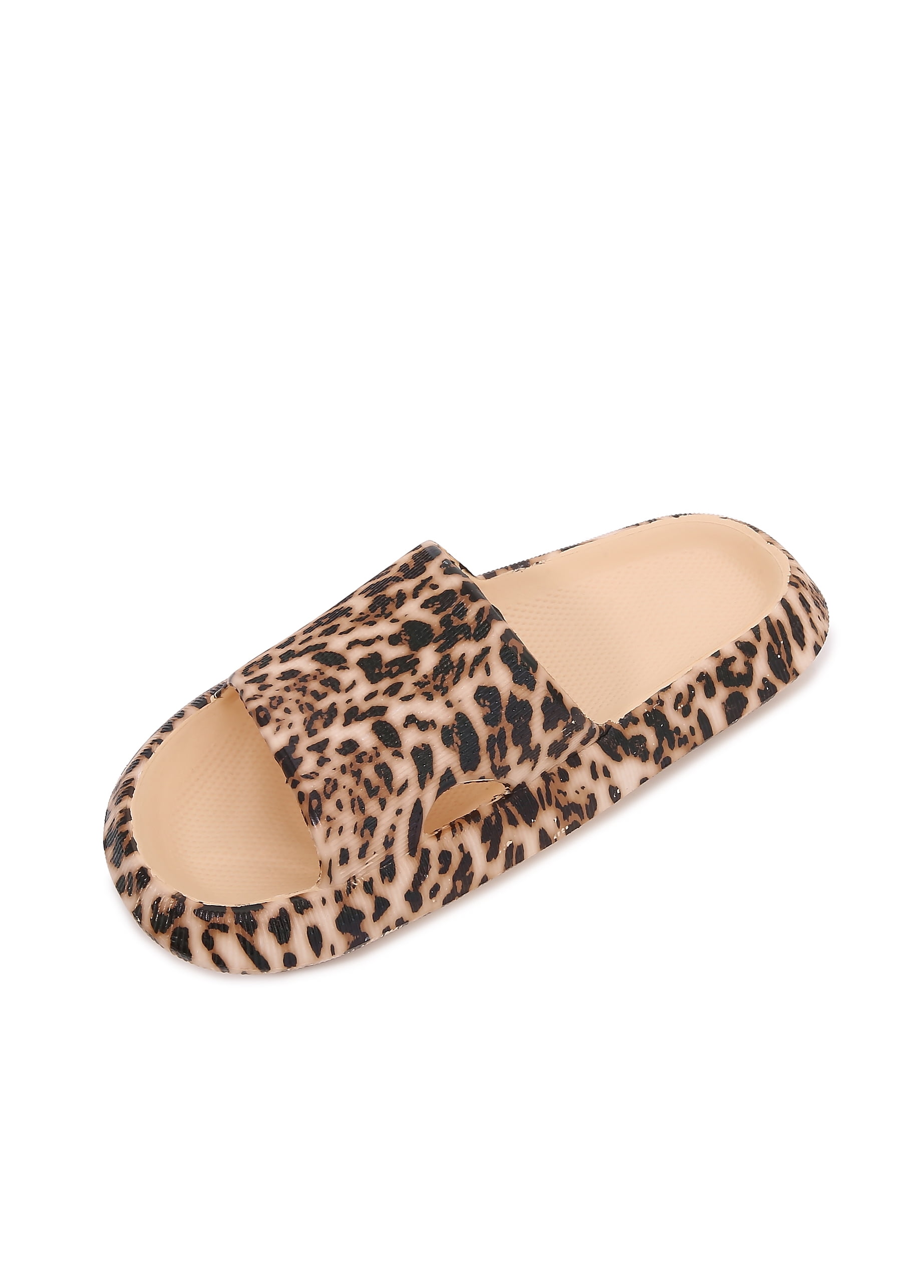 Thick Cushioned Platform Comfy Slippers for Women and Men Summer Beach ?Indoor Outdoor Rubber Open Toe Slides (Leopard, Women 8/Men 6)