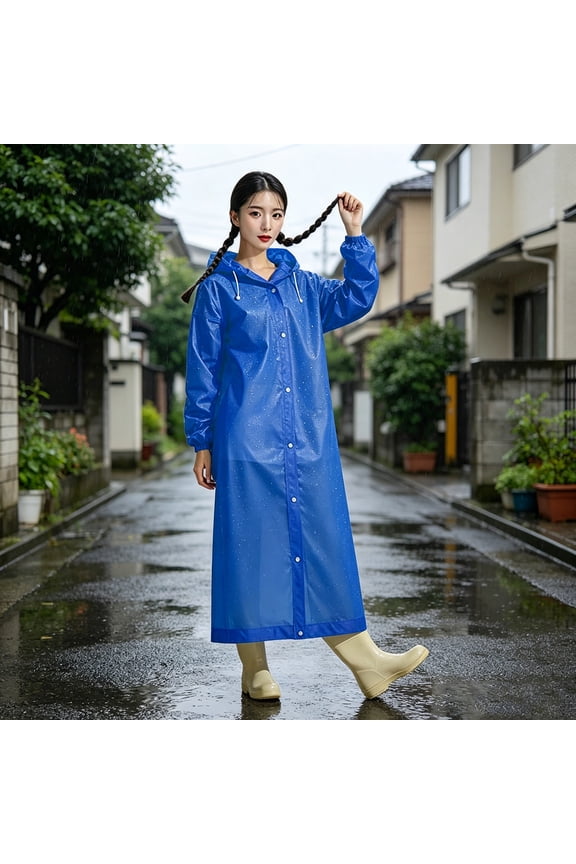 Thick EVA Rain Cloak, Hooded, Unisex, Reusable, Portable and Foldable, Drawstring Hood, All-Round Rainproof, Loose Cape Style, for Hiking, Cycling, Commuting, Camping Blue