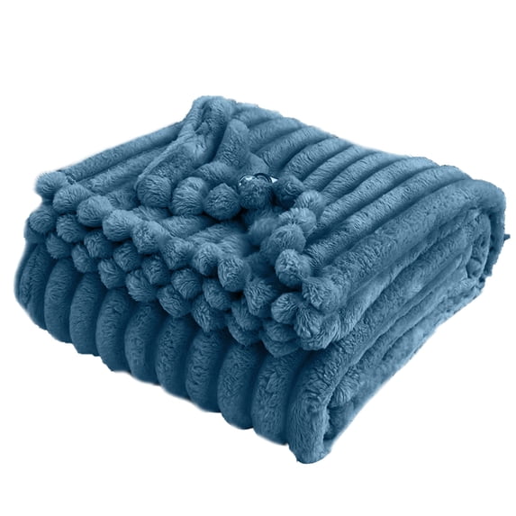 Thick Faux Rabbit Fur Throw Blanket With Pom‑Pom Fringe Soft Warm Fuzzy Polyester Blanket For Bed Sofa Office Travel(Blue-120X200Cm)