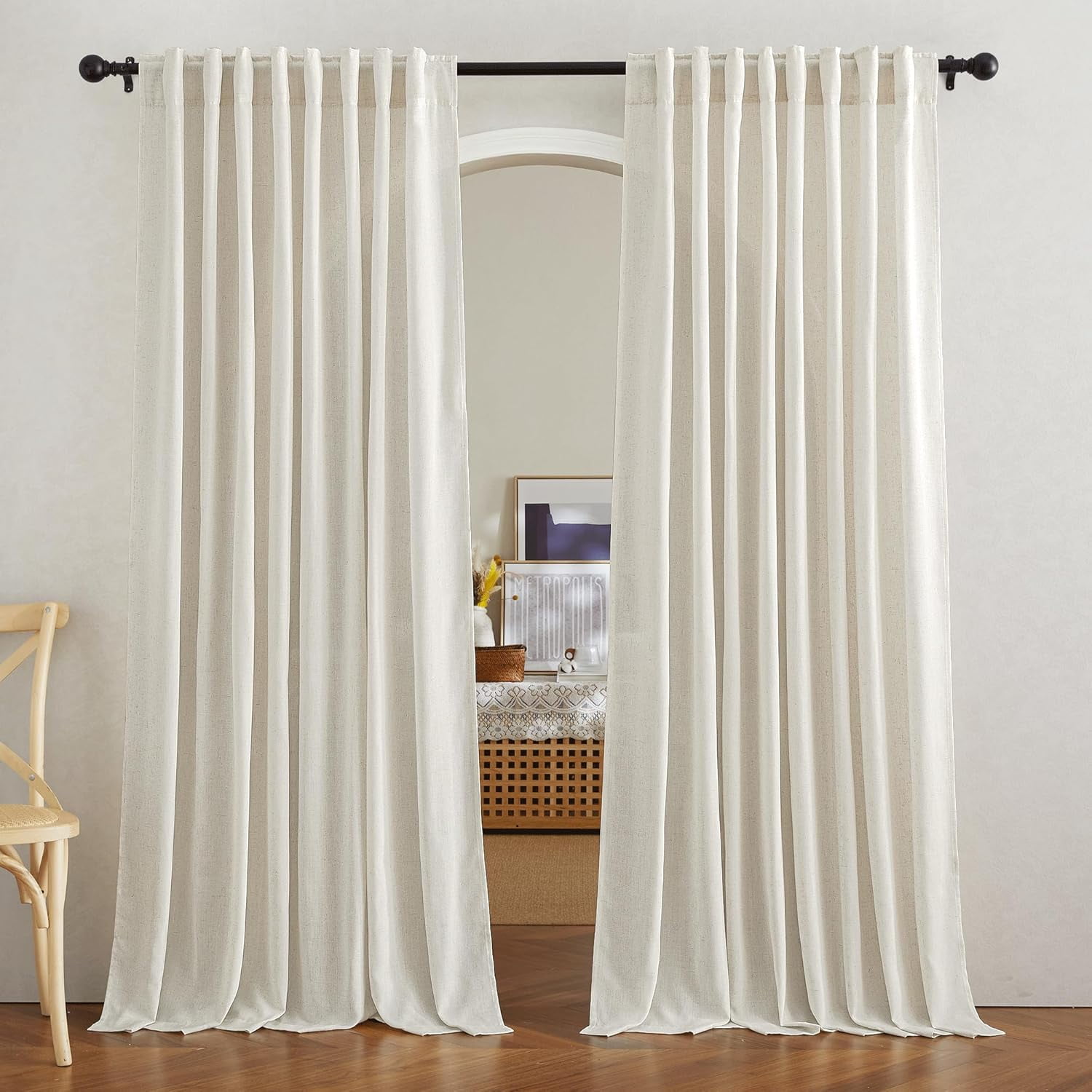 Joydeco Linen Curtains For Living Room - 90 Inch Light Filtering Semi-Sheer Drapes, 2 Panel Set