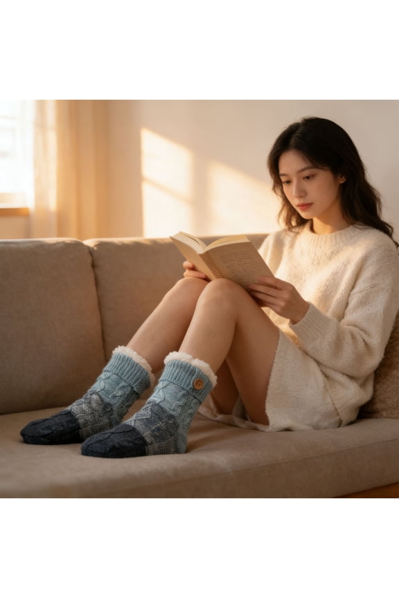Thick Fleece-Lined Floor Socks, Antislip Sole Socks for Home Lounging, Winter Indoor Adult Socks, Adjustable Button Closure, Warm Wool Feel для Chilly Toes