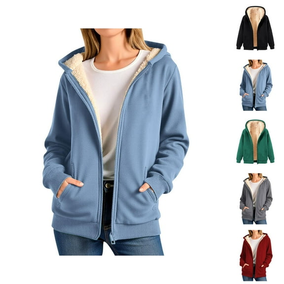 Thick Fleece Lined Zip Up Hoodies for Women Winter Long Sleeve Plain Basic Hooded Sweatshirt with Pockets Jacket Coat