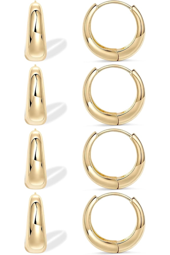 Thick Gold Chunky Huggie Hoop Earrings for Women, Hypoallergenic Small Sterling Silver Cartilage Hoops Stacks, 14K Gold Plated Lightweight Dainty Jewelry Set for Multiple Piercings 6/8/10/12mm