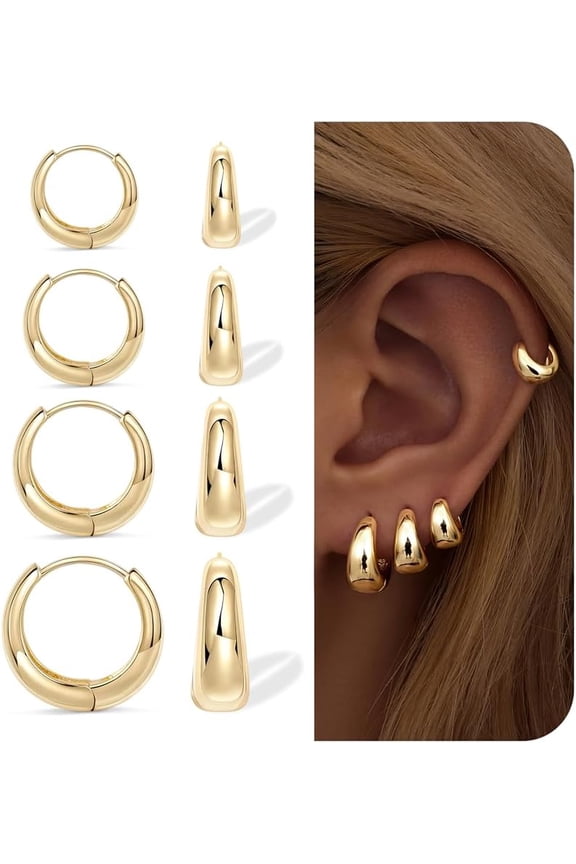 Thick Gold Chunky Huggie Hoop Earrings for Women, Hypoallergenic Small Sterling Silver Cartilage Hoops Stacks, 14K Gold Plated Lightweight Dainty Jewelry Set for Multiple Piercings 6/8/10/12mm