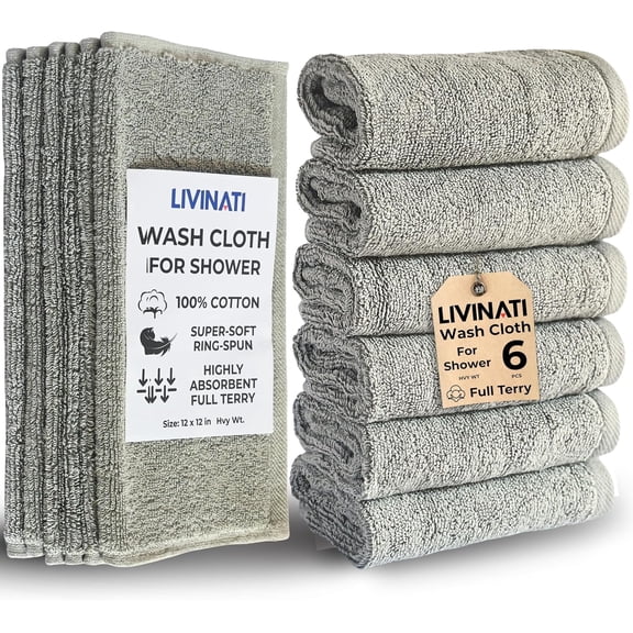 Thick Gray 100% Cotton Wash Cloths for Showering Body and Face - 12"X12" 6 Pack Washcloths - Small Terry Towel Bath Rags for Adults and Kids Bathroom - Soft Absorbent