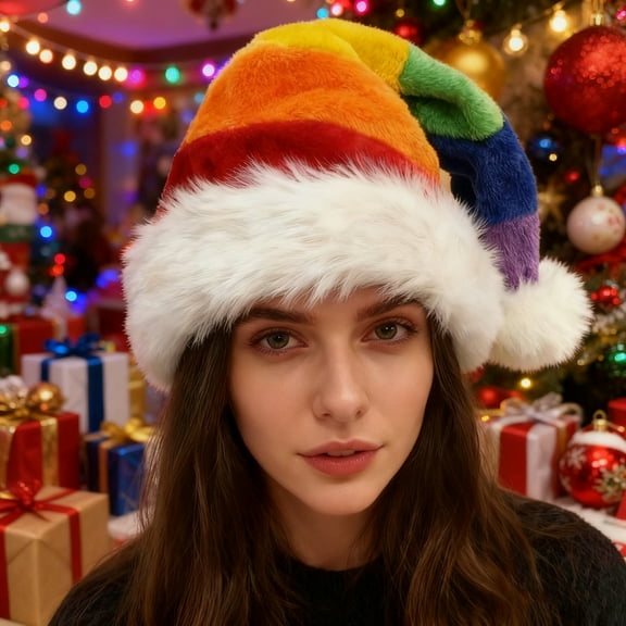 Thick Hat Thickened Plush Santa Hat Rainbow Christmas Party Hat for Holiday Decorations(1Pcs) Rkxzt
