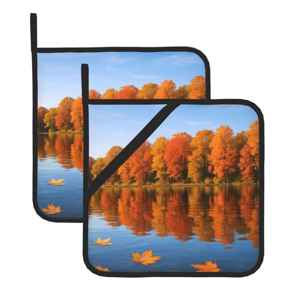 Thick Heat Resistant Trivet Square 2 Pack Fabric Pot Holder Pad For Kitchen Counter, Microwave Oven & Bbq, Side Hanging Loop Autumn Lake