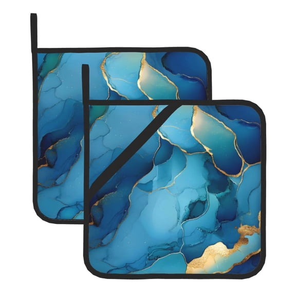 Thick Heat Resistant Trivet Square 2 Pack Fabric Pot Holder Pad For Kitchen Counter, Microwave Oven & Bbq, Side Hanging Loop Blue And Gold Marble