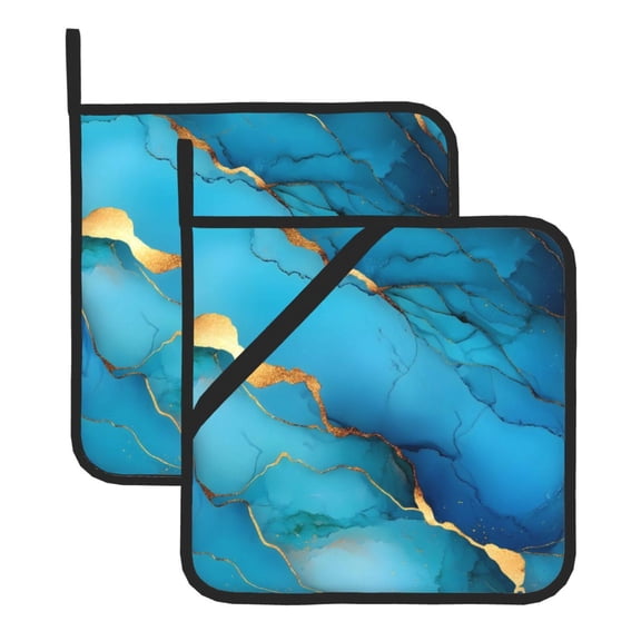 Thick Heat Resistant Trivet Square 2 Pack Fabric Pot Holder Pad For Kitchen Counter, Microwave Oven & Bbq, Side Hanging Loop Blue Gold Marble