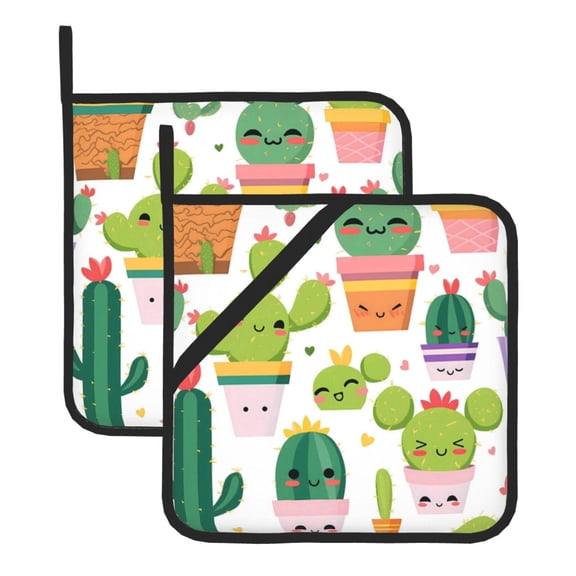 Thick Heat Resistant Trivet Square 2 Pack Fabric Pot Holder Pad For Kitchen Counter, Microwave Oven & Bbq, Side Hanging Loop Cactus Potted Plant (2)
