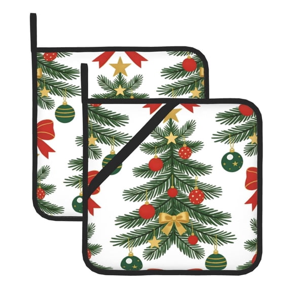 Thick Heat Resistant Trivet Square 2 Pack Fabric Pot Holder Pad For Kitchen Counter, Microwave Oven & Bbq, Side Hanging Loop Christmas Tree (1)